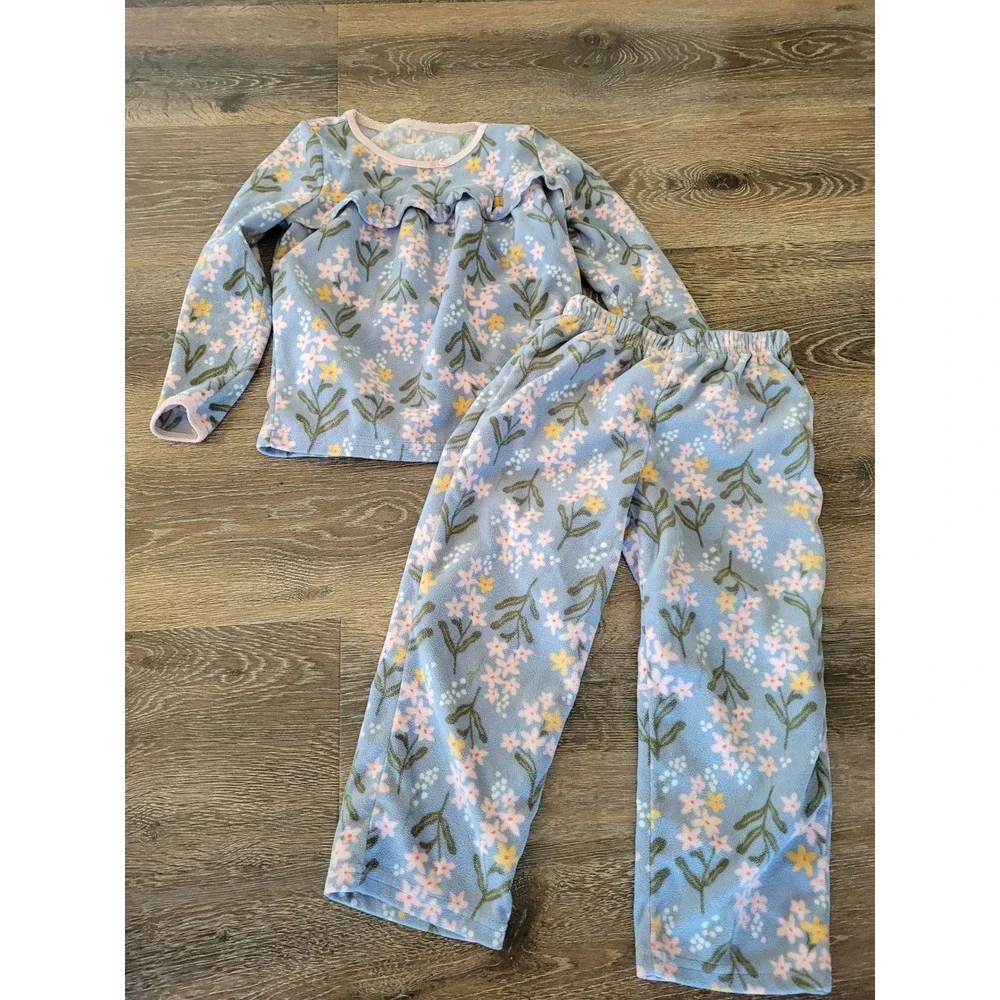 Carters Floral Pajama‎ Set Girls Sleepwear Ruffle Trim Blue Pink Size 5 #9
